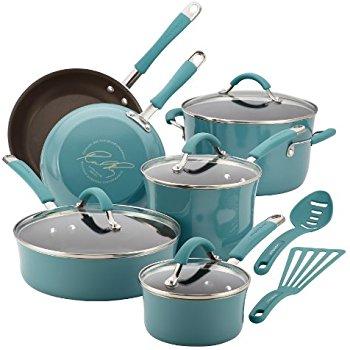 Rachael Ray Cucina Hard Porcelain Enamel Nonstick Cookware Set, 12-Piece, Agave Blue