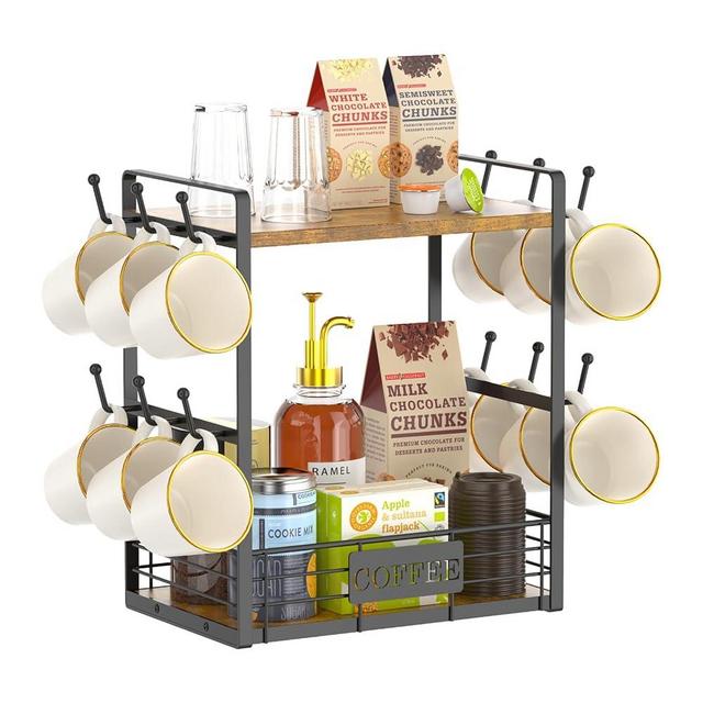 EsLuker.ly 2 Tier Coffee Cup Holder for Countertop, 12 Hooks Coffee Mug Stand Holder Tree with Storage Basket, Vintage Metal Coffee Cup Rack Wall Mounted For K Cup Coffee Bar Kitchen, Black
