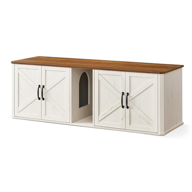 Feandrea Double Cat Litter Box Enclosure, Modern Litter Box Furniture Hidden for 2 Cats, Front Entry, Cat House, Side End Table, TV Stand, 59 x 19 x 19.5 Inches, Honey Brown, Rustic White UPCL010K01