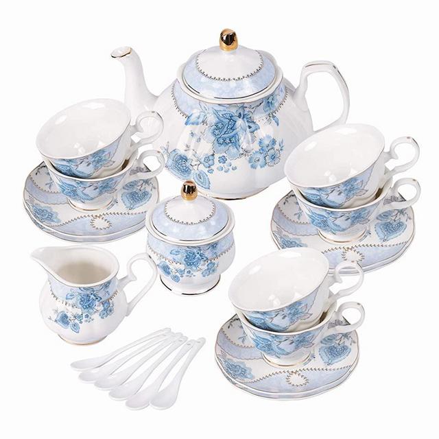 fanquare Blue Flowers Porcelain Tea Set,Tea Cup and Saucer Set,Service for 6,Wedding Teapot Sugar Bowl Cream Pitcher,China Coffee Set
