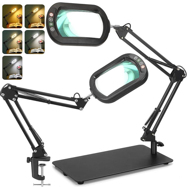 Veemagni 10X Rectangle Magnifying Glass with Light and Stand, 5 Color Modes Stepless Dimmable, 2-in-1 LED Lighted Desk Lamp & Clamp, Hands Free Magnifier for Reading Crafts Repair Painting Close Work
