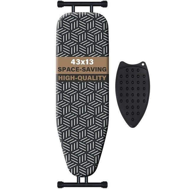 caius Ironing Board with Iron Holder, Space Saver Iron Board with Extra Thick Heavy Duty Padded Cover, Stable Structure, Easy to Fold, Adjustable Height (13 x 35 x 53 Inches) (Black White)