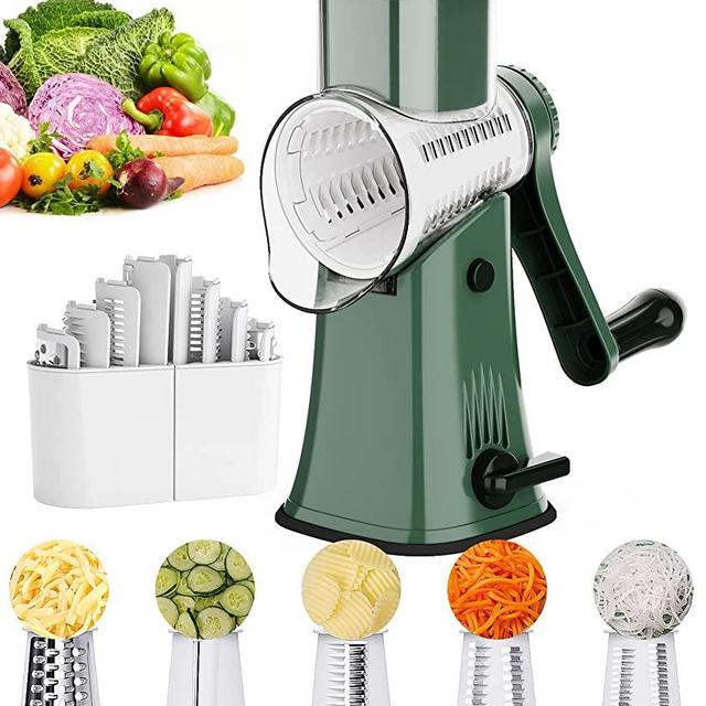 Ourokhome Rotary Cheese Grater Shredder - 5 Blade Drum Vegetable Slicer Potato Wavy Cutter with a Peeler and a Cleaning Brush (Green)