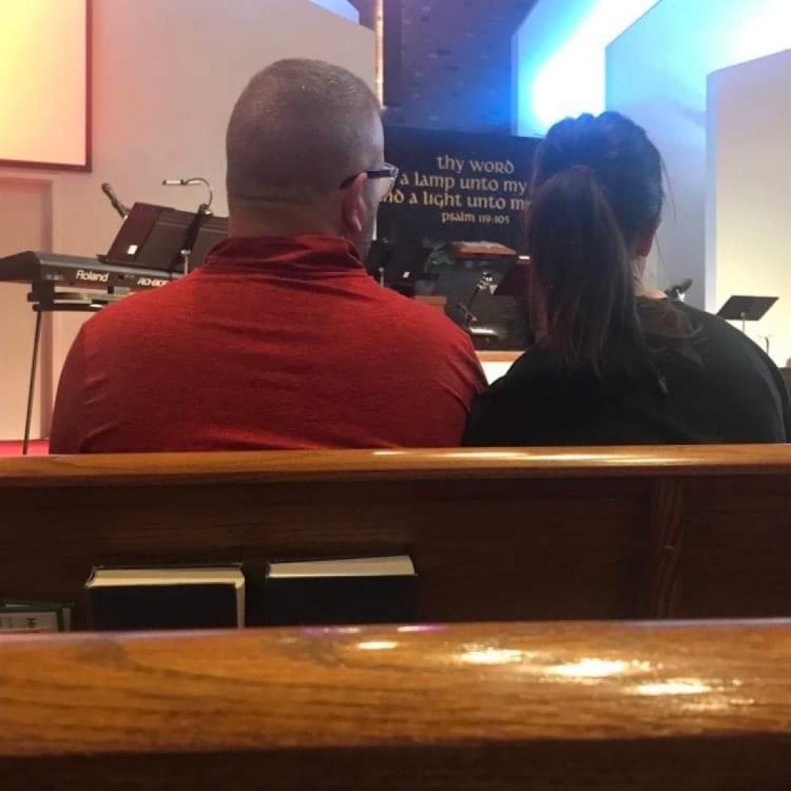 At Hope Church, where we met playing music. The person who sent this picture wrote "Hmm, every week the sitting distance between you two was getting less & less, until today there was none :) "