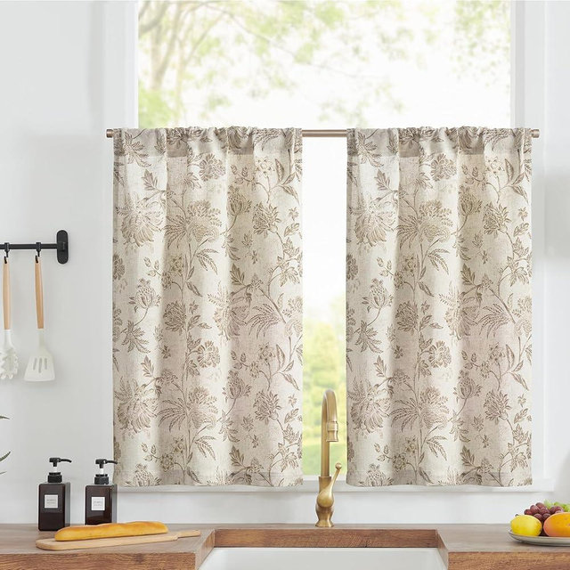 jinchan Floral Linen Tier Curtains 24 Inch Farmhouse Cafe Curtains Rod Pocket Country Flower Drapes for Small Windows for Kitchen Laundry Room Bathroom RV 2 Panels Light Filtering Taupe on Beige