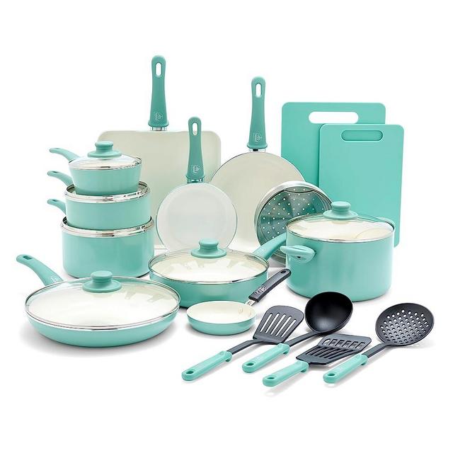 GreenLife Soft Grip Healthy Ceramic Nonstick 23 Piece Kitchen Cookware Pots and Frying Sauce Pans Set, PFAS-Free, Dishwasher Safe, Turquoise