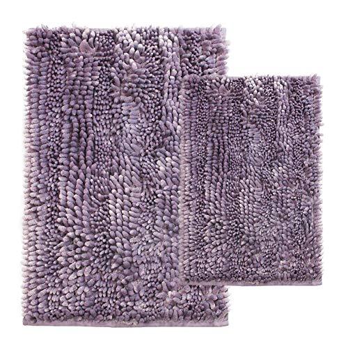 Comfy Soft 2 Piece Butter Chenille Bath Mat Rug Set, Shiny Noodle Bathroom Mats Rugs with Non Slip Backing, Super Water Absorbent Machine Washable 31x20 and 24x16 Inch, Purple