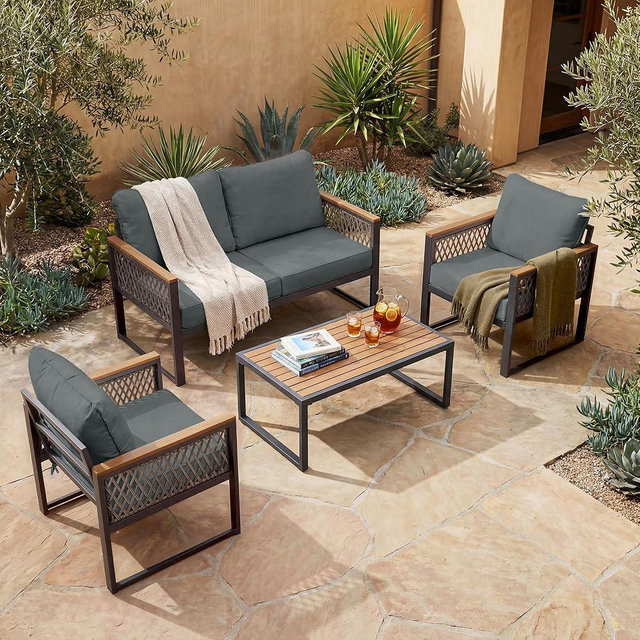 UPHA 4 Pieces Patio Furniture Set, Metal Outdoor Sectional Couch Set with Loveseat Sofa, 2 Chairs, Coffee Table, Modern Patio Conversation Set for Porch Balcony Deck, 4 Seats, Gray