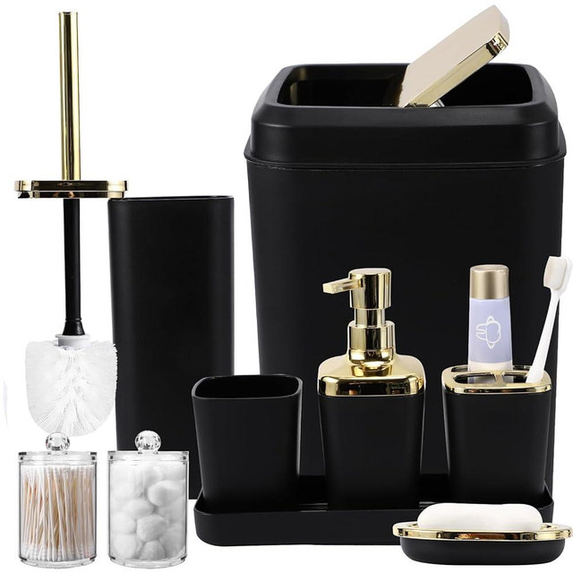 XLHOMO Black Bathroom Accessories Set, 9-Piece Bathroom Accessory Sets Complete with Trash Can, Vanity Tray, Soap Dispenser, Soap Dish, Toothbrush Holder, Toothbrush Cup, Toilet Brush and Qtip Holders