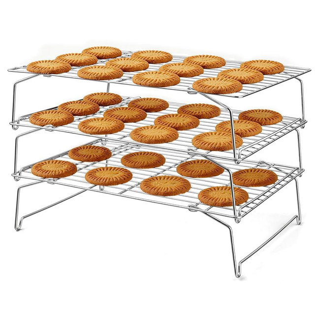 LIANYU Cooling Rack 15"x10", 3-Tier Stackable & Collapsible Stainless Steel Baking Wire Racks for Cooking, Baking, Roasting, Drying, Oven & Dishwasher Safe, Silver