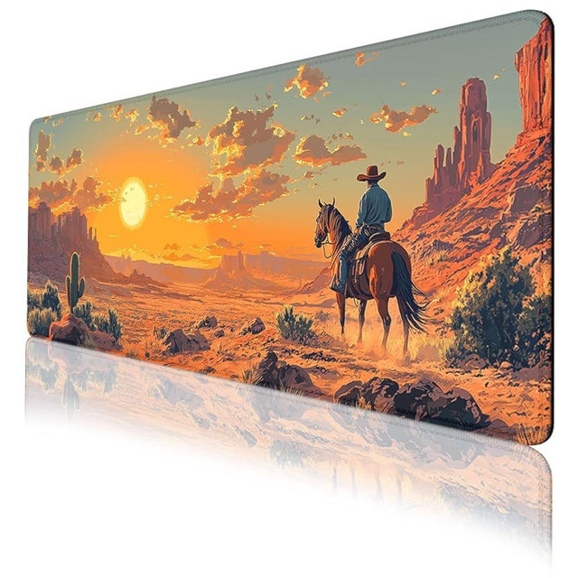 Western Cowboy Gaming Mouse Pad Tropical Cactus Desert Riding Horse Mousepad Extended Large Laptop Keyboard Non-Slip Rubber Base with Stitched Edges for Home 31.5x11.8 in