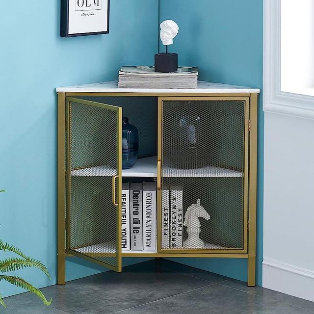 VECELO 3 tier Corner Storage Cabinet with Mesh Doors and Wooden Shelves, Free-Standing Organizer for Compact Space in Living Room/Bedroom/Entryway/Kitchen