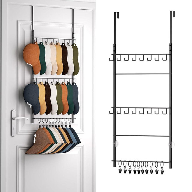 HapiRm Over Door Hat Rack - 3 Tier Wall Mounted Hat Holder with 16 Hooks and 10 Movable Clips, Cap Hanger Storage up to 26 Caps for Door, Bedroom, Closet USPTO Patent Pending