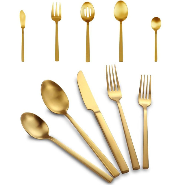 Kelenfer Stainless Steel Flatware Set Hand Forged 18/10 Silverware Serving Set Cutlery Set Gold Cuboid Handle Matte Finished 45 Pieces Service for 8