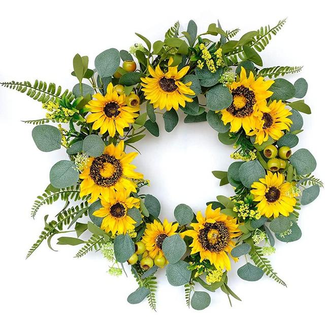 idyllic 18”Artificial Sunflower Wreath Rustic Farmhouse Decorative Floral Wreath for Front Door Window Wedding Spring Outdoor, Yellow