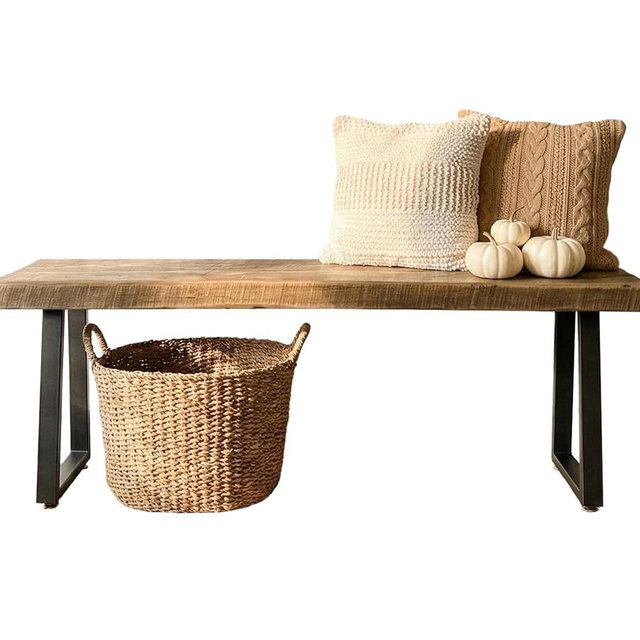 MY VINTAGE FINDS Rustic Revival Reclaimed Barnwood Bench, Solid Wood with Metal Base, Modern Farmhouse Style, 2-Inch Thick Top, for Entryway, Bedroom, Living Room (38x12)