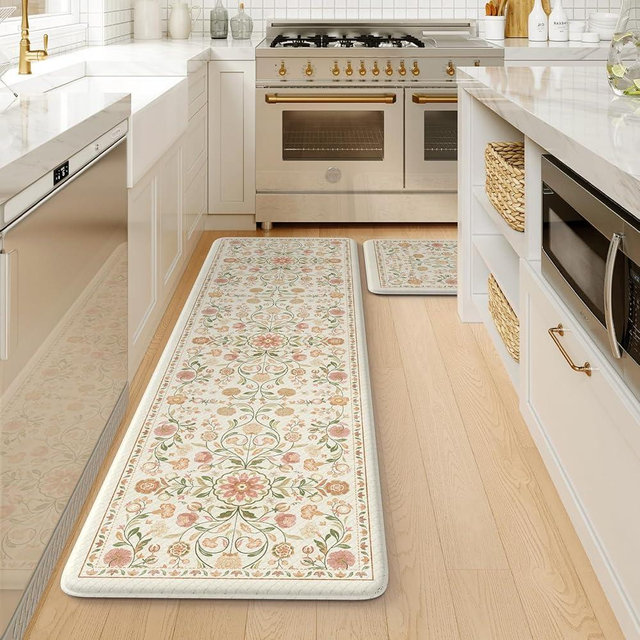 KIMODE Cushioned Kitchen Floor Mats Cushioned Anti Fatigue,Farmhouse Boho Floral Kitchen Runner Rug 2 Piece,Long Memory Foam Standing Carpet for Laundry Sink Office,Beige