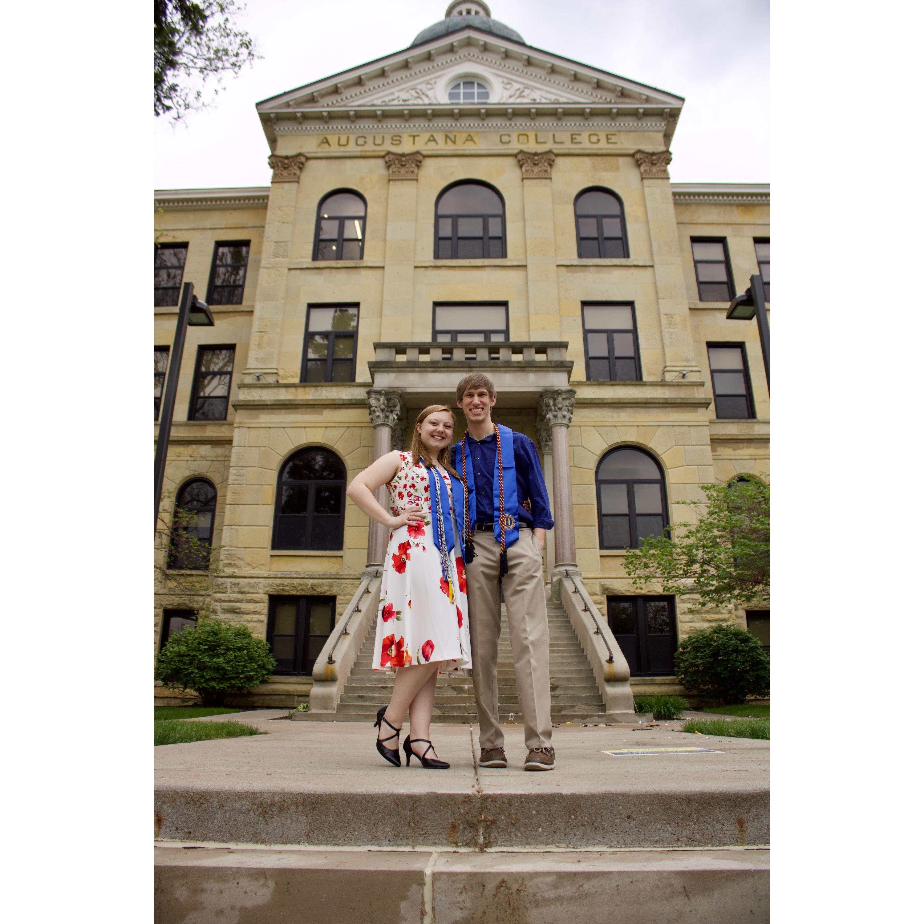 We are standing on the main stairs at Augustana College where we started our college journeys separately and ended our journey together.