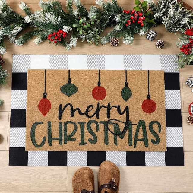 Drydiet 2 Pcs Christmas Coir Doormats Outdoor Merry Christmas Welcome Door Mats Layered Buffalo Plaid Front Door Rugs Non Slip Floor Mats for Porch Entryway Indoor Outdoor Decor