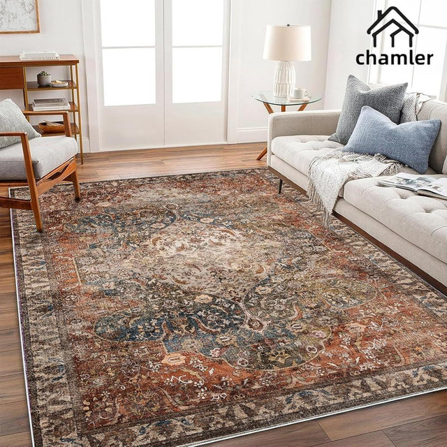 chamler 6x9 Washable Area Rug Boho Medallion Distressed Design Non-Shedding Easy Care Ideal for High Traffic Areas in Rugs for Living Room Bedroom Office Kitchen Large Carpet