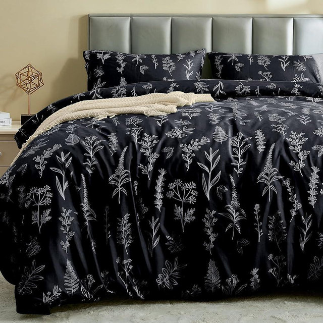MUXHOMO Duvet Cover Queen Size, Reversible Floral Black Duvet Cover Set with Zipper Closure, 3 Pieces Botanical Patterns Soft Microfiber Bedding Set with 4 Ties (90"x90", 2 Pillow Cases)