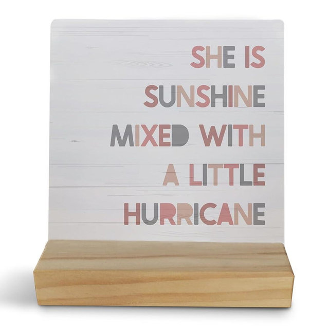 FHUGX Boho Inspirational Wooden Sign - Boho Toddler Girl Room Nursery Shelf Decor, Boho Bedroom Decor, She Is Sunshine Mixed with a Little Hurricane