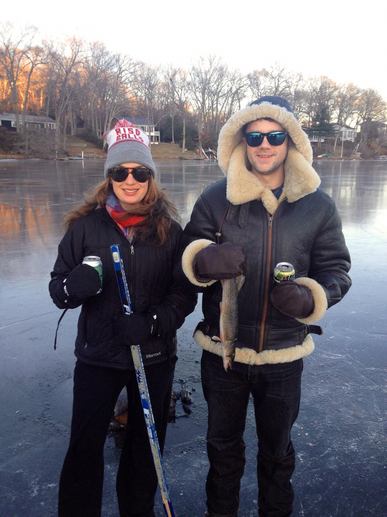 Ice fishing requires beer and hockey sticks.