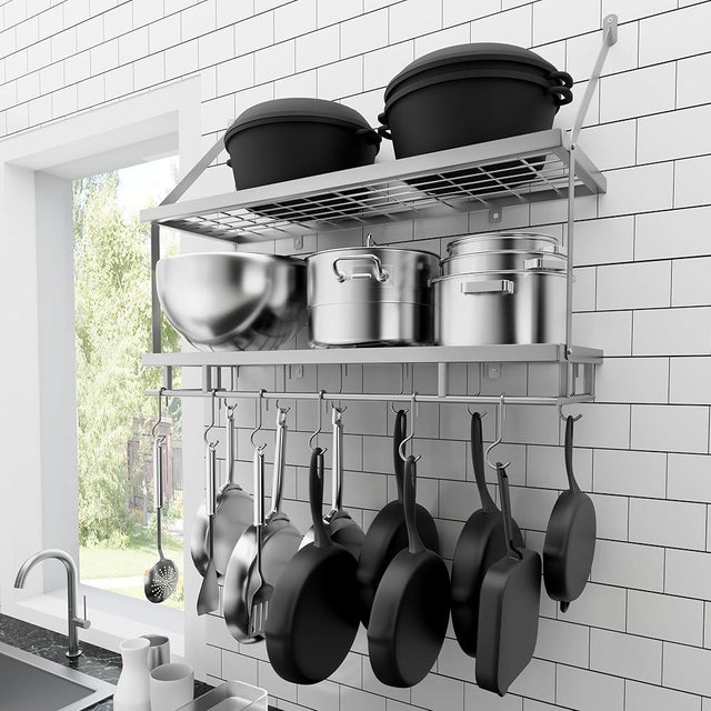KES 30-Inch Silver Gray Pot Rack Wall Mounted, 2-Tier Hanging Pot and Pan Organizer with 12 Sturdy Hooks, Kitchen Wall Hanger Shelves Modern, KUR215S75B-SG
