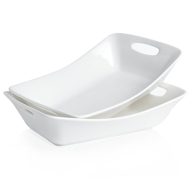 Kanwone Large Serving Bowls with Handles, White Serving Dishes For Entertaining, 1.8 Quarts Porcelain Bowl Set for Turkey, Fruit, Salad, Rectangle Serving Platter for Parites, Thanksgiving, Set of 2