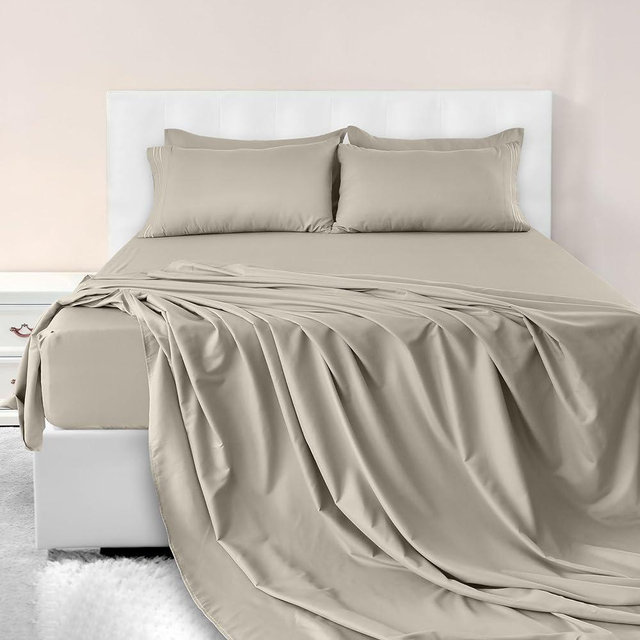 LUX Décor Queen Sheet Set – 6 Piece Ultra-Soft Microfiber Bed Sheets with Flat Sheet, 16 Inches Deep Pocket Fitted Sheet & Pillowcases, Cooling & Breathable Hotel Luxury, Oeko-TEX – Taupe