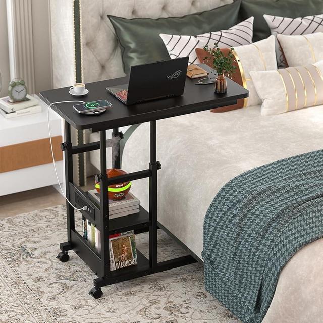 Height Adjustable End Table with Charging Station, Mobile C Shaped Laptop Side Table with Wheels, 3-Tier Sofa Couch Table with Storage Shelve for Living Room Bedroom, Black