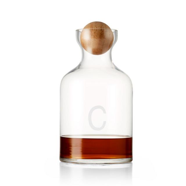 "C" Monogrammed Glass Decanter with Wood Stopper