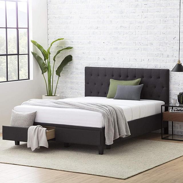 Everlane Home Windsor Upholstered Bed with Built-in Drawers-Diamond Tufted Headboard-Fabric Finish-Easy Setup Platform, King, Slate