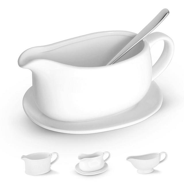Kook Gravy Boat & Saucer, Ceramic Serving Dish, Dispenser with Tray for Sauces, Dressings and Creamer, Large Handle, Microwave and Dishwasher Safe, White 23.8 oz (Gravy Boat with Spoon)