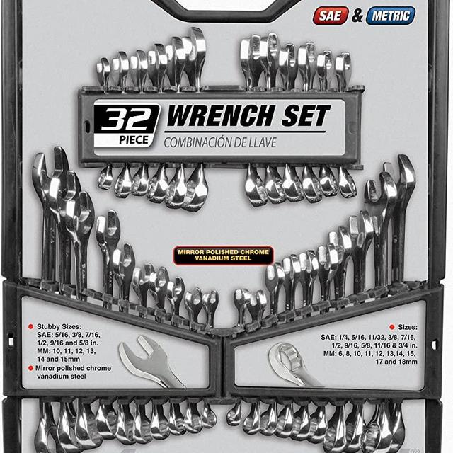 Performance Tool W1099 32-Piece SAE and Metric Wrench Set | Premium Mirror Polished Chrome Vanadium Steel| Large Size Organizer Tray| Stubby & Standard Combination Wrenches