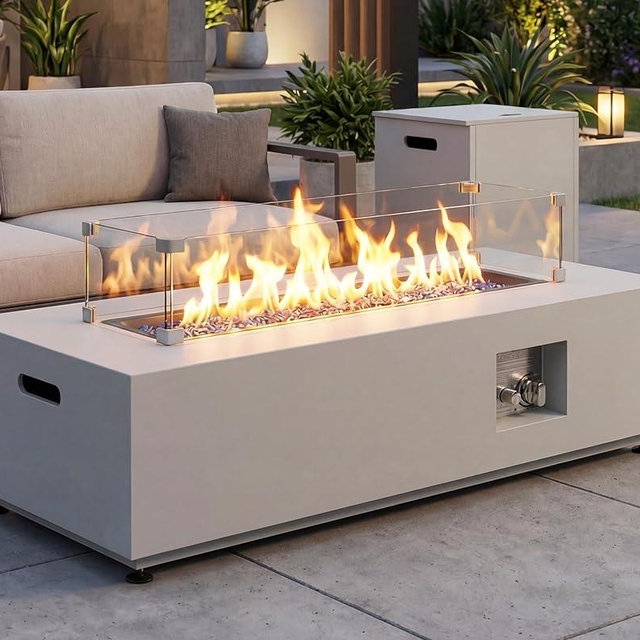 NICESOUL 42'' Outdoor Rectangle Fire Pit Table, Modern Low Profile Patio Firepits with Tank Table, 50,000 BTU Firepit Table for Outside, Exterior, Porch, Backyard or Garden, No Assembly, Grayish white