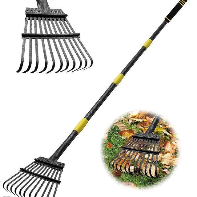 Coopvivi Garden Leaf Rakes, 6FT Rakes for Lawns Heavy Duty 11 Metal Tines 9.5 inch Wide, Adjustable Long Steel Handle, Small Shrub Rake, Gathering Leaves, Leveling Grass, Flower Beds, Yards