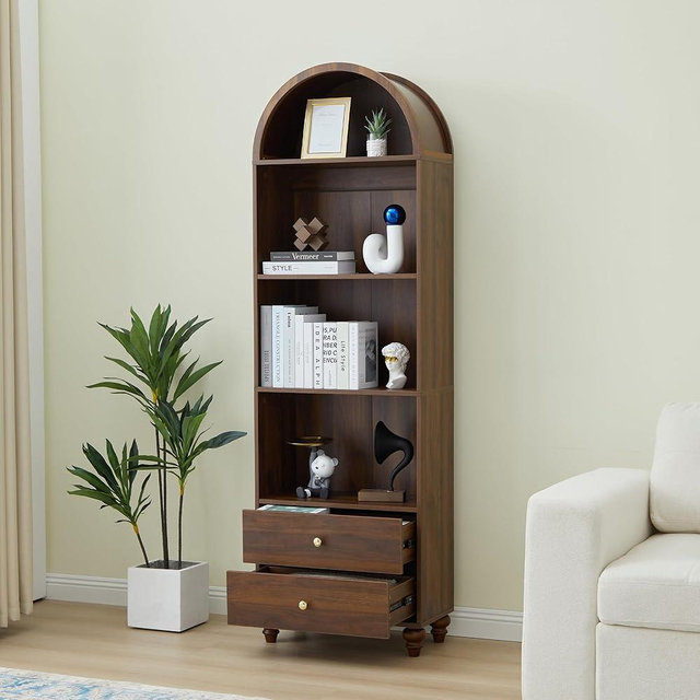 YUCHIATH 75.59" H Arched Bookcase, 4-Tier Arched Cabinet Bookcase with Drawer and Shelves, Accent Display Cabinet with 2 Drawer Storage for Living Room, Reading Room and Bedroom (Walnut)
