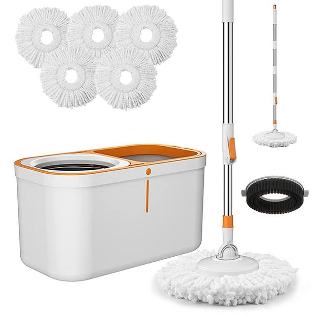 Spin Mop Bucket with Wringer System Extended Mop Handle 61＂Mop and Bucket for Floors Cleaning with 5 Replacement Head Refill 1 Cleaning Brush Head