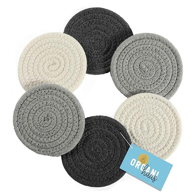 OrganiHaus Cotton Rope Cup Coasters Set of 6 | Farmhouse Coasters for Drinks | Absorbent Drink Coasters for Tabletop Protection | Woven Rustic Rope Drink Coasters - 3-Toned Gray
