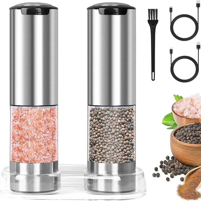 Electric Salt and Pepper Grinder Set, 2Pack Stainless Steel Rechargeable Pepper Grinder with Large Capacity Container, Automatic Pepper Shakers with Adjustable Coarseness, LED Light and Base