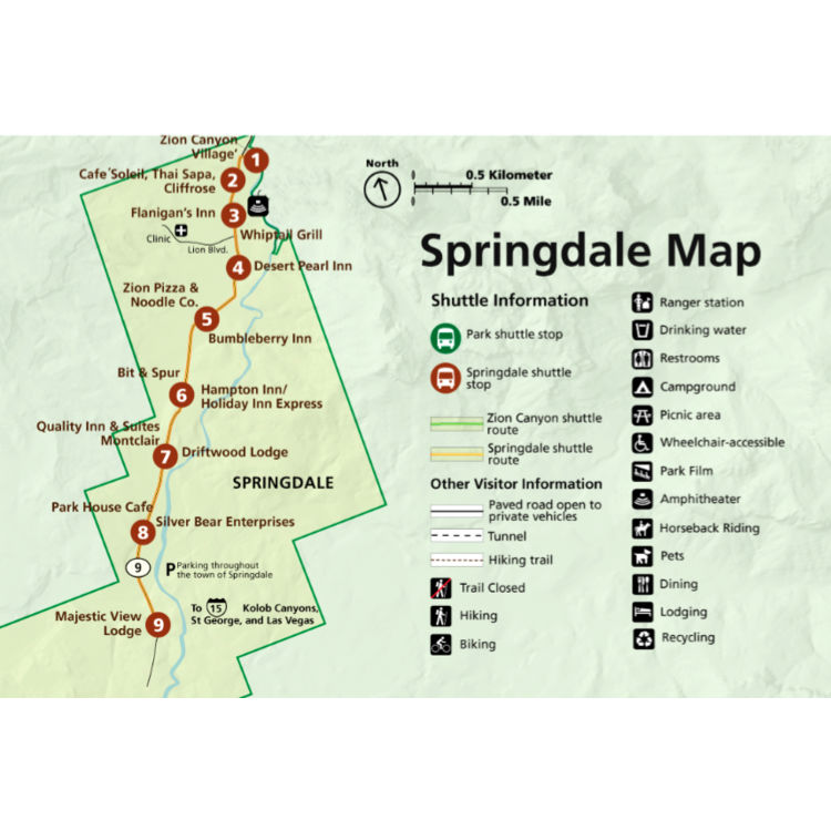 All the free shuttle stops in Springdale. These will take you from your hotel to the pedestrian entrance of Zion by the visitors entrance and back to your hotel once you're done.