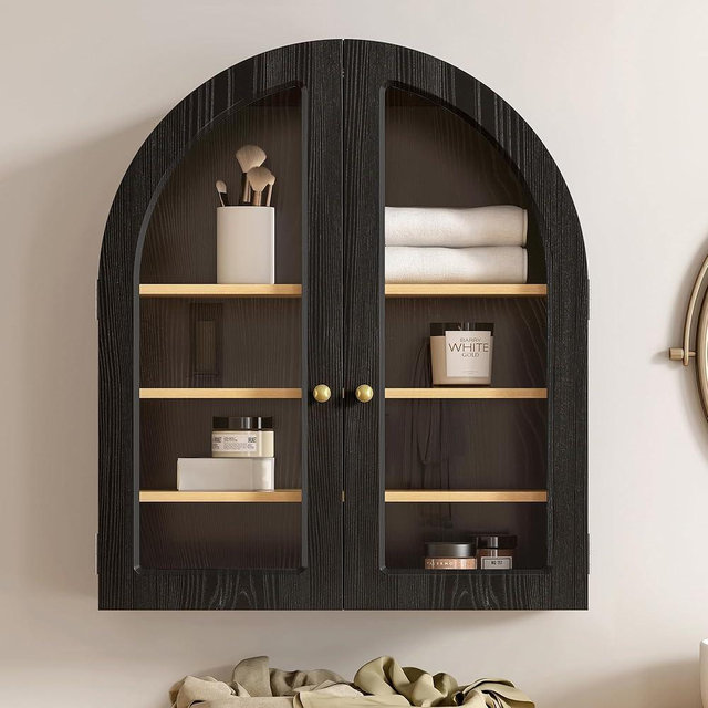 EYYTHUNG Arched Wall Cabinet, Large Bathroom Medicine Cabinet Wall Mounted Cupboard, Modern Floating Storage Cabinet with Acrylic Door Adjustable Shelf, Wood Organizer (Black-Oak)