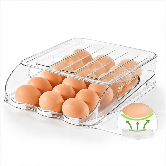 SMRCAD Egg Holder for Fridge, Automatic Steady Rolling Egg Dispenser with Silicone Bumpers & Handle for Refrigerator, Large Capacity Egg Organizer with Lid