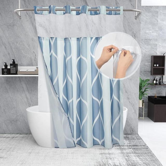 Yiatn No Hook Dark Blue Double Shower Curtain with Snap in Fabric Liner Set - Hotel Style with See Through Mesh Top Window, Modern Geometric Waterdrop Design,Waterproof and Washable, 71x74 INCH