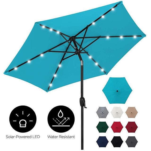 Best Choice Products 7.5ft Outdoor Solar Market Table Patio Umbrella for Deck, Pool w/Tilt, Crank, LED Lights - Sky Blue
