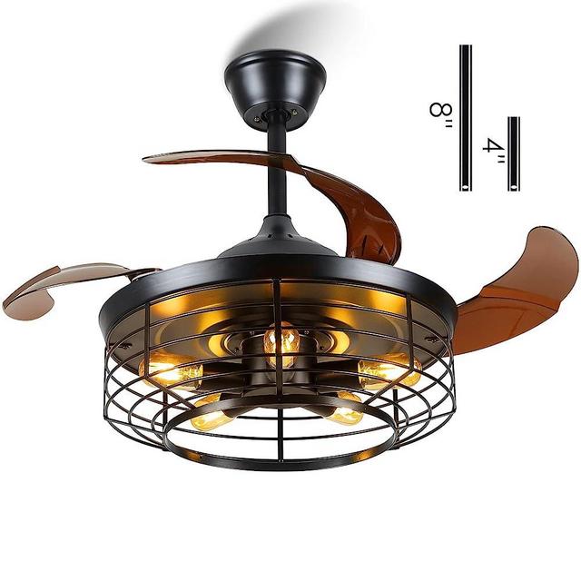Asyko Retractable Ceiling Fans with Lights and Remote-Caged Farmhouse Ceiling Fan Lights Black, Rustic Industrial Ceiling Fan with Light for Patio Living Room Bedroom（42'' Bulb Included）