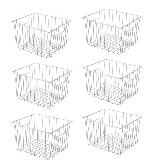 lonpute Freezer Basket Organizer, Refrigerator Metal Wire Storage Divider, Household Container Bins with Handles for Kitchen, Pantry, Cabinet, Closets - Pearl White (6, 11in x 10in x 5.5in)