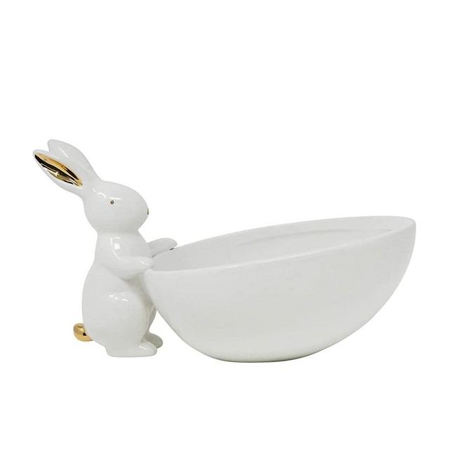 Sagebrook Home 13016-04 White/Gold Dolomite Bunny W/Bowl