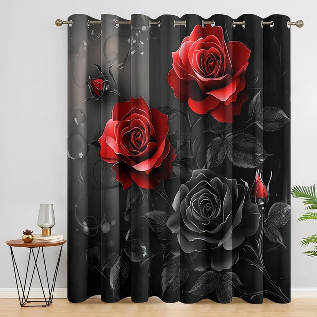 Black Red Rose Curtains for Living Room, Romantic Flower Blackout Curtains for Bedroom - Floral Decor Window Curtains 63 Inch Length, Grommet Drapes 2 Panels Set
